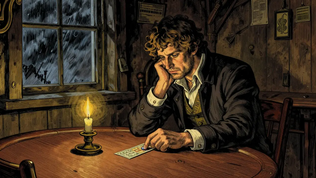 Gambler contemplating a token at a dimly lit tavern table