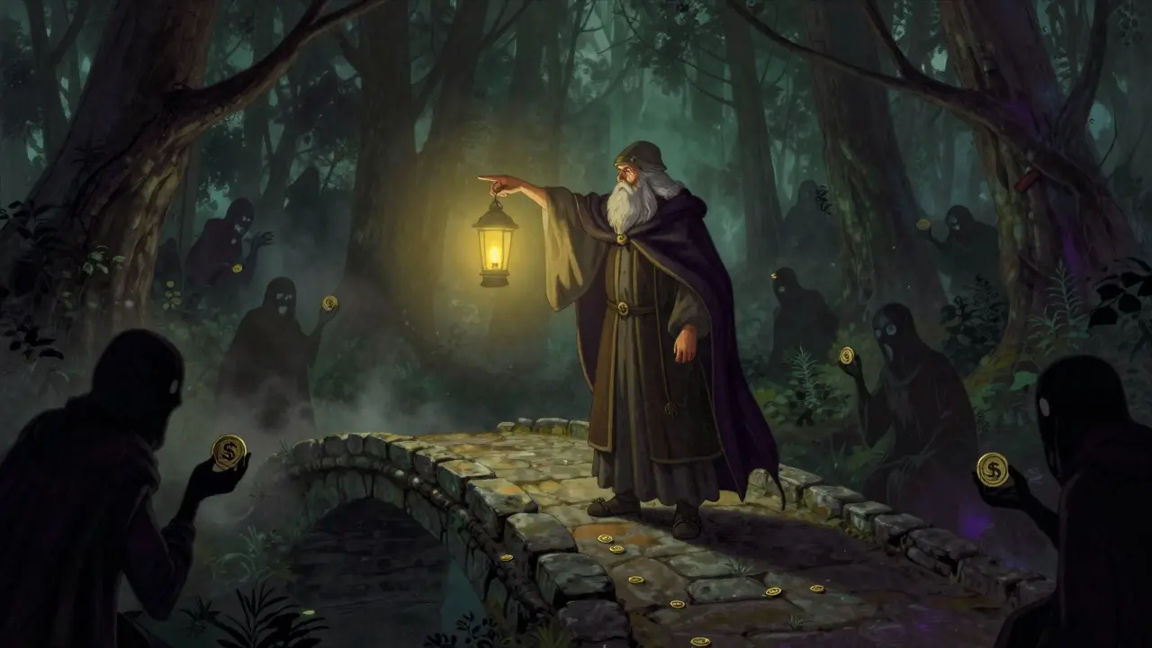Guardian guiding a traveler away from shadowy scammers in a Howard Pyle style scene.