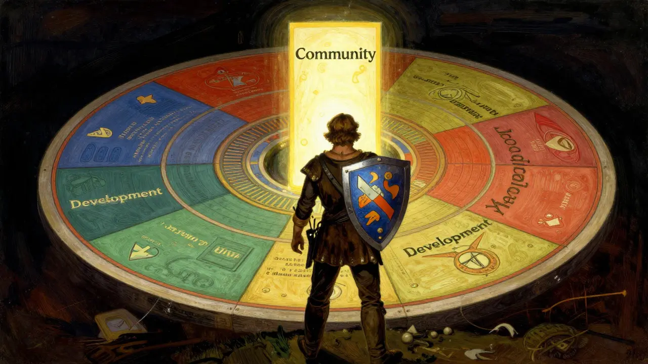 Heroic figure examining a floating token distribution chart in classic illustration style.