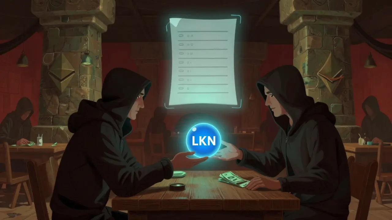 Hooded figures trading a glowing blue orb at a shadowy underground table