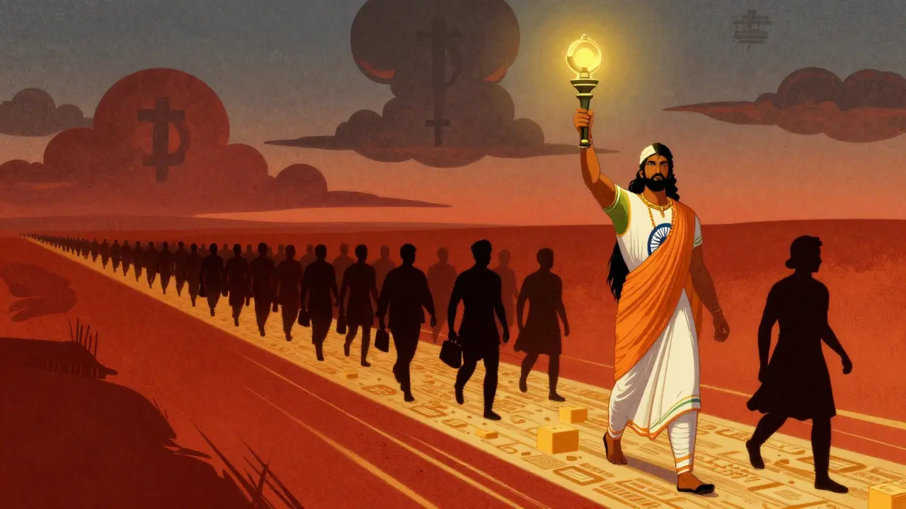 Howard Pyle style illustration of India leading global crypto adoption despite tax clouds.