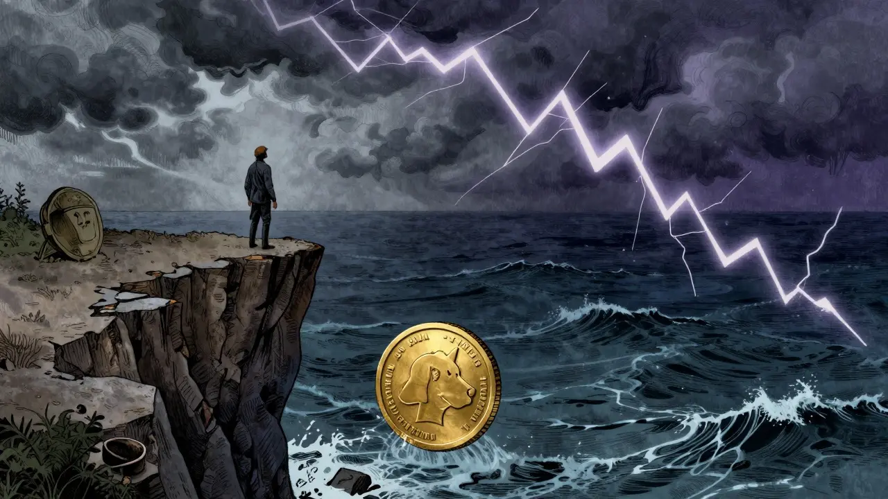 Illustration of a coin falling off a cliff, symbolizing crypto market risks