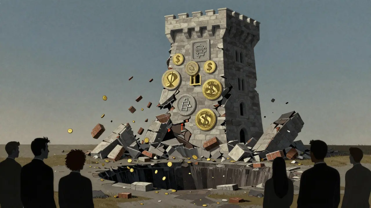 Illustration of a crumbling tower symbolizing the collapse of a failed crypto project.