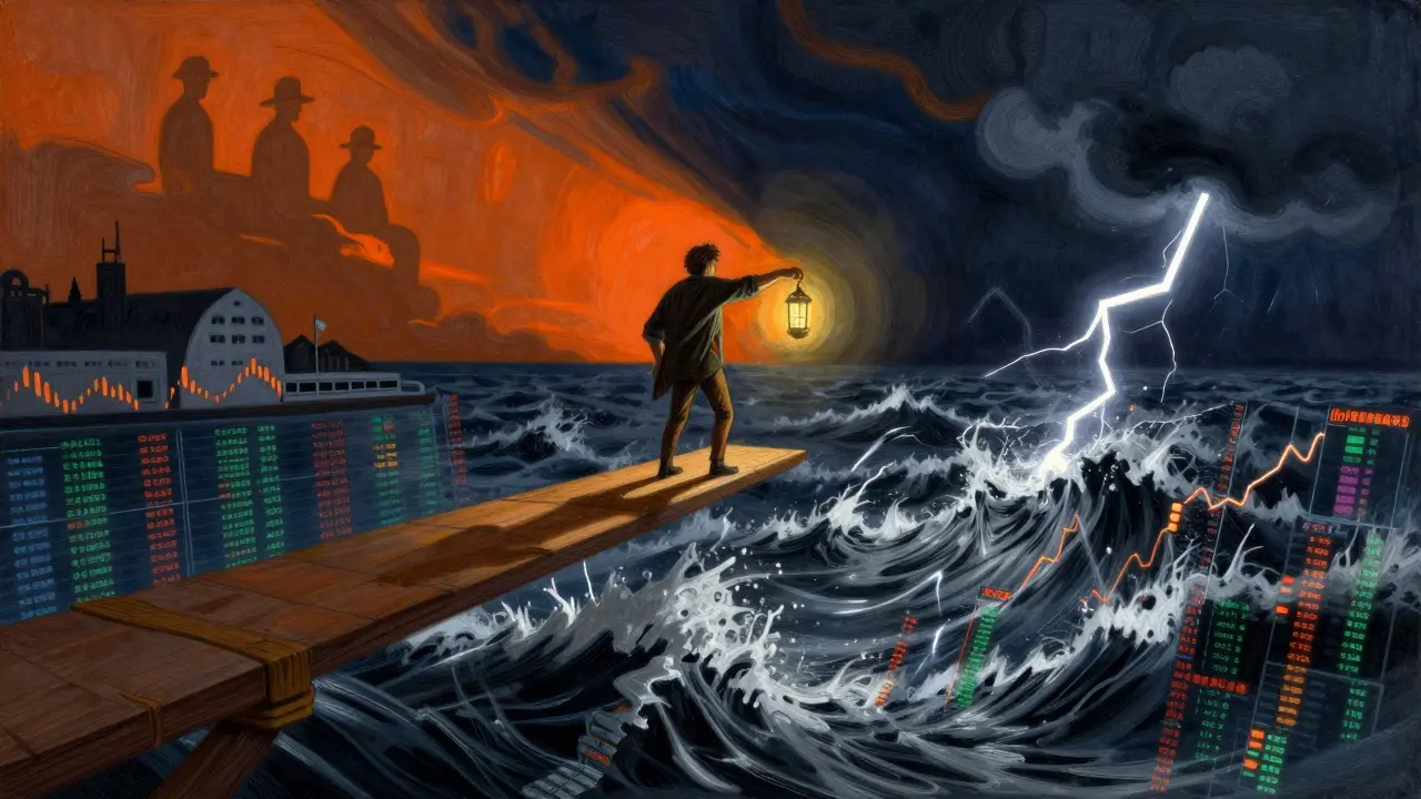 Illustration of a trader balancing on a plank between stable and volatile markets