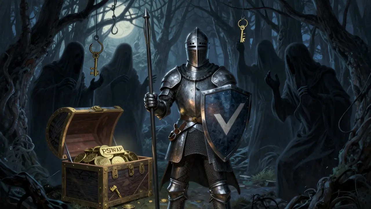Knight guarding crypto wallet from phishing ghosts