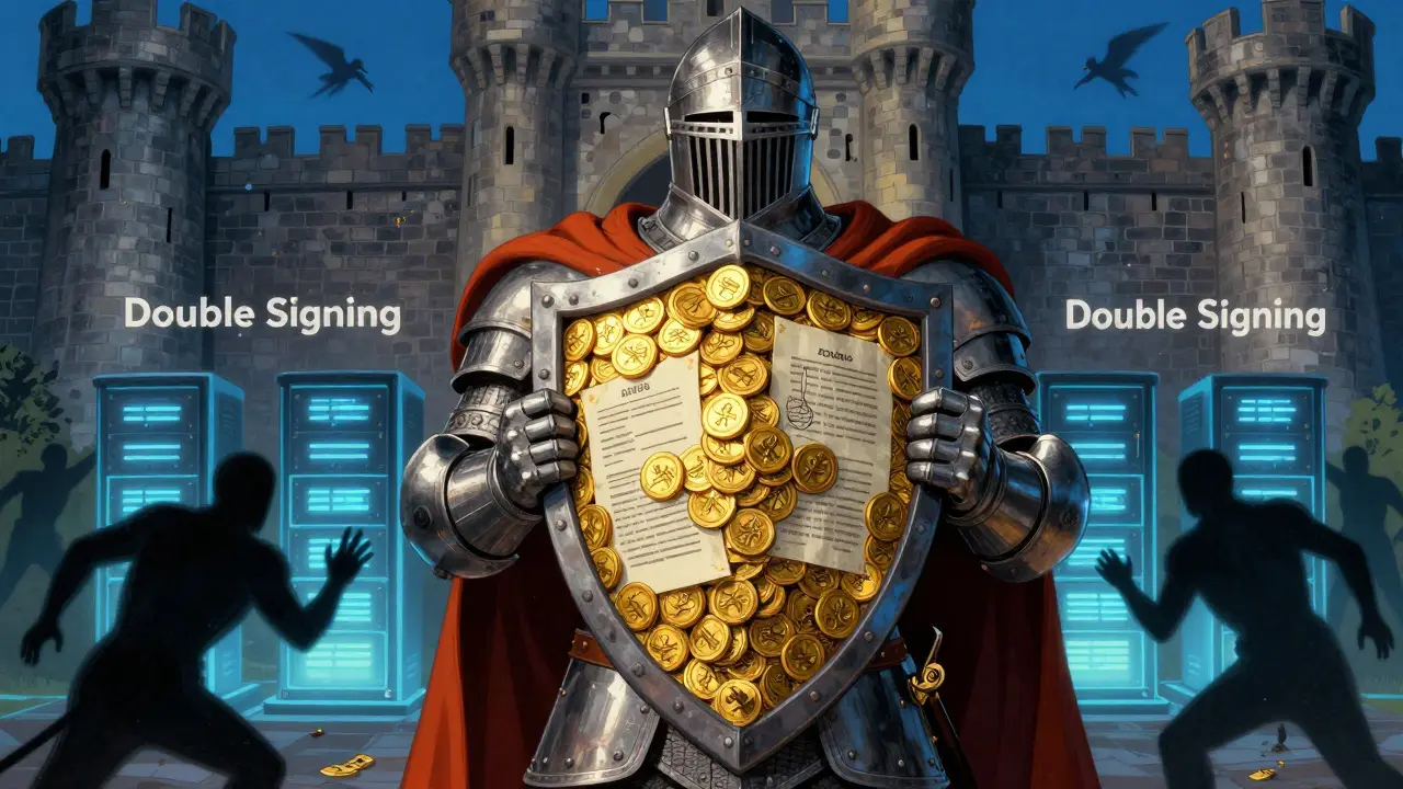 Knight holding a shield of gold coins protecting servers from shadowy threats.