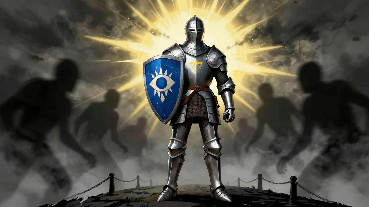 Knight protecting against shadowy threats on a bridge in a stormy landscape