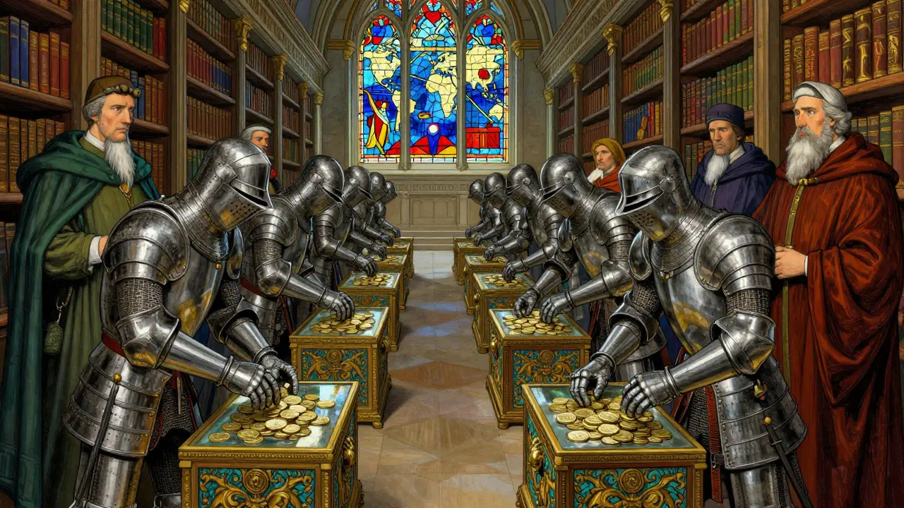 Knights placing crypto into transparent chests guarded by officials in a hall