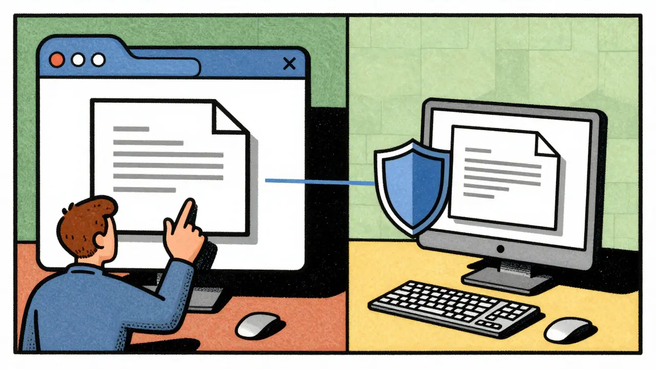 Local browser processing vs cloud upload for PDF cleaning, illustrated