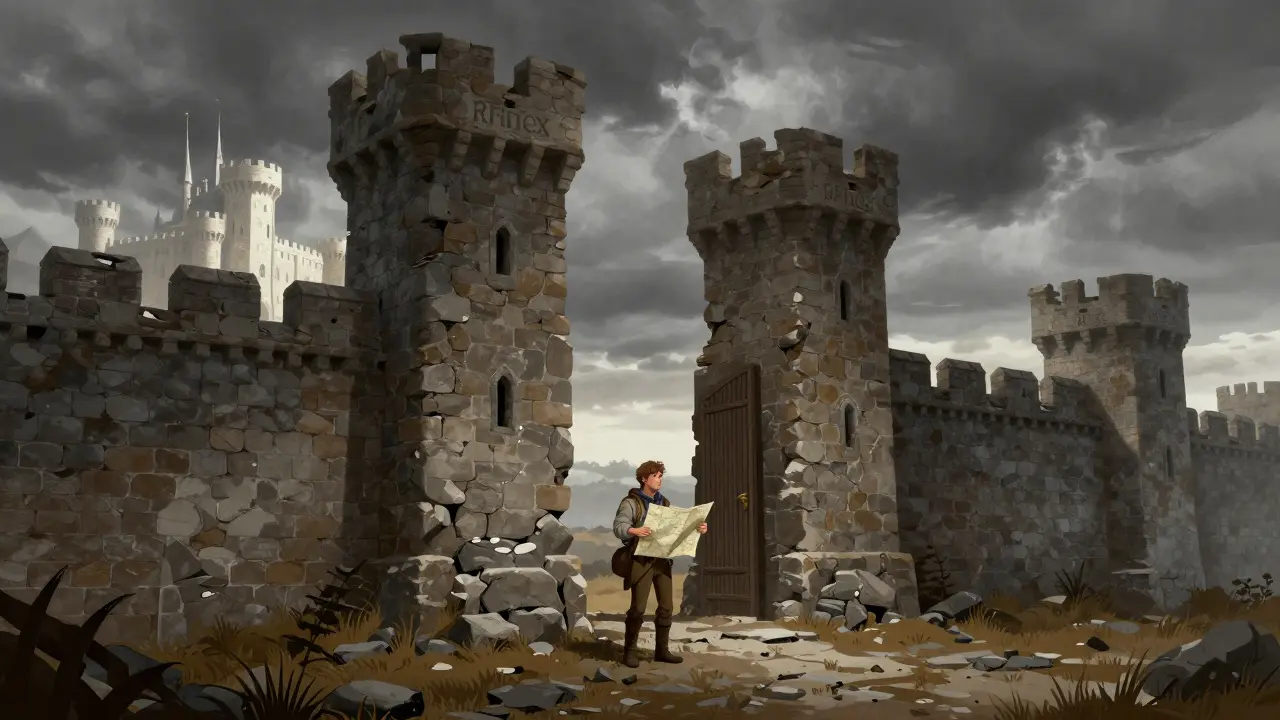 Lone adventurer facing crumbling, unfinished fortress under stormy sky, Howard Pyle style