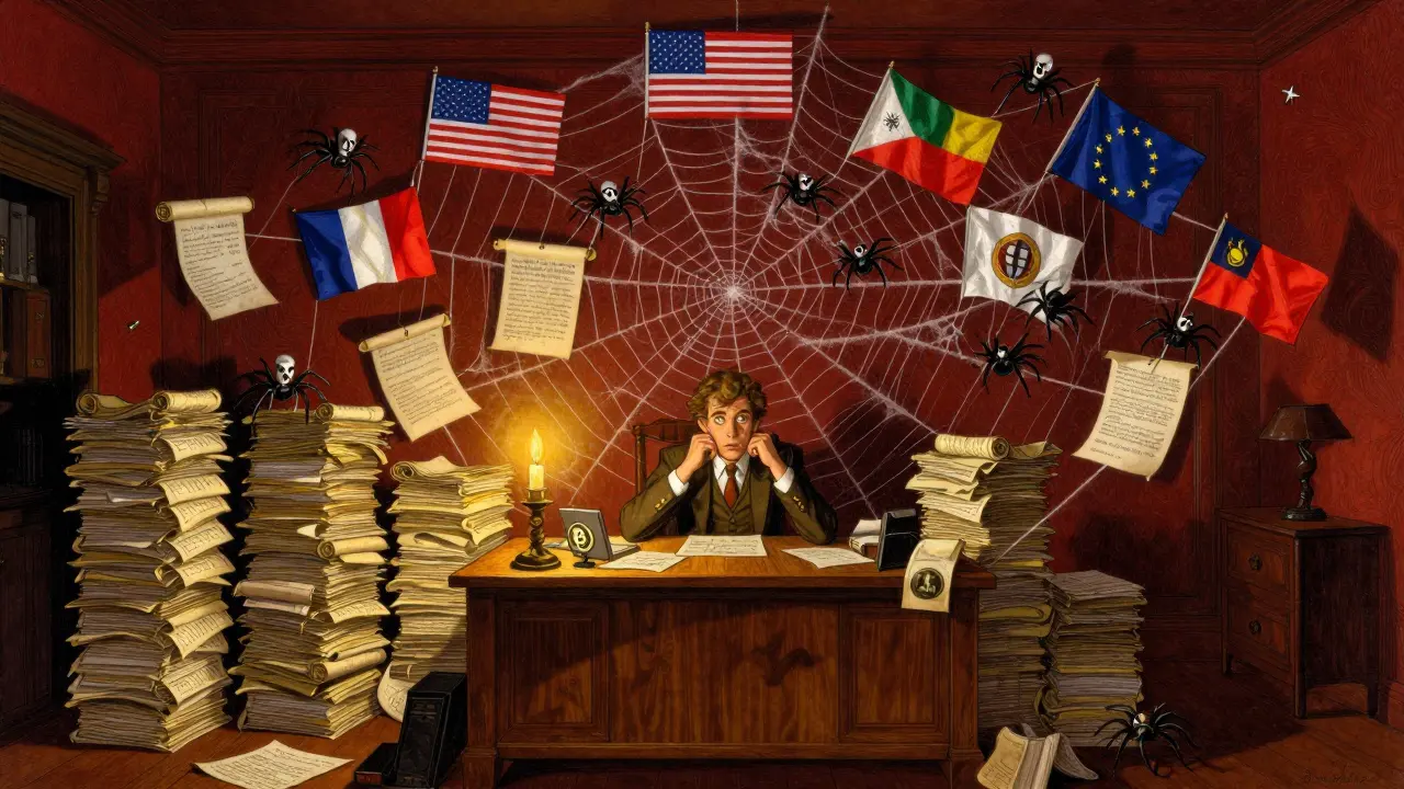 Merchant overwhelmed by tangled webs of international tax rules and scrolls