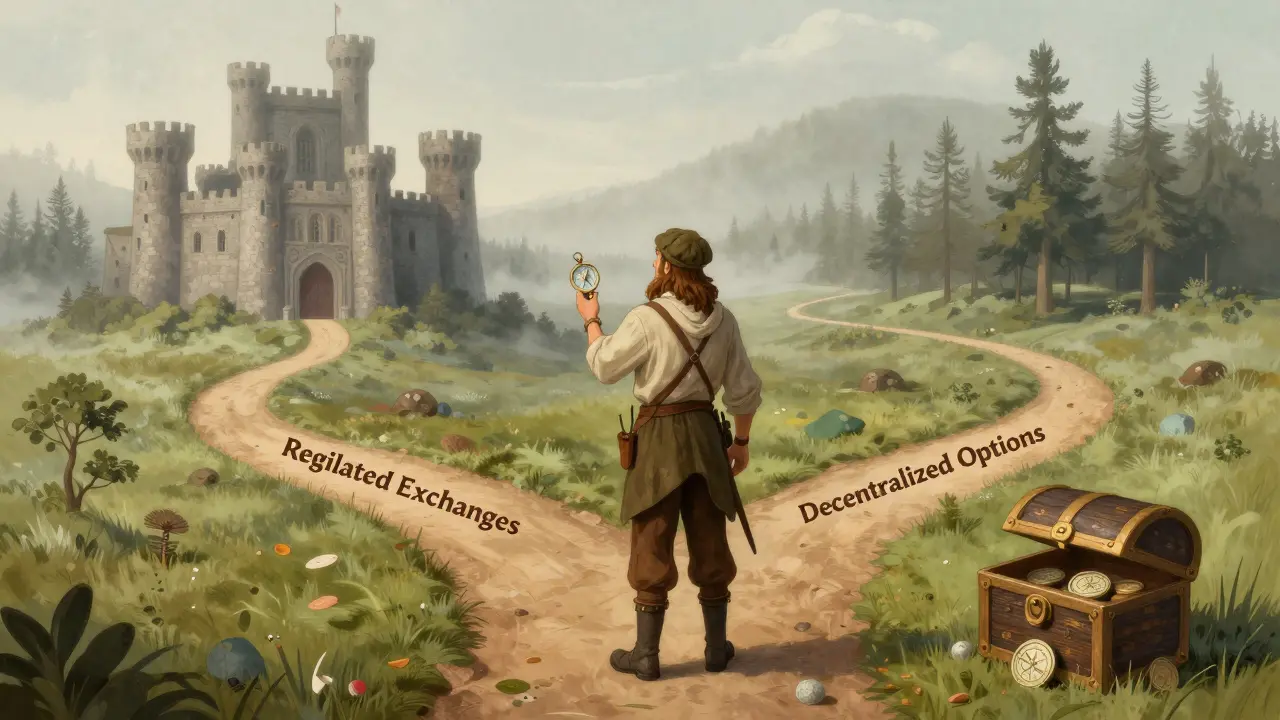 Navigator choosing between regulated and decentralized crypto paths safely.