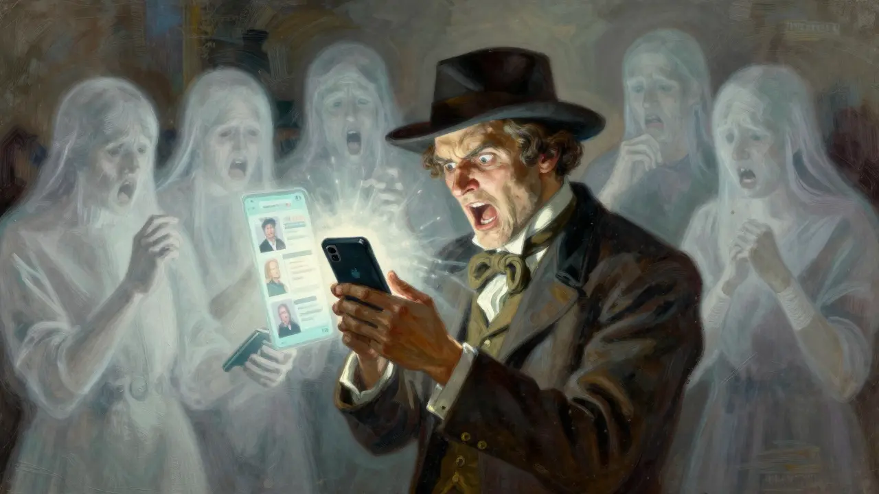 Person frantically using phone while ghostly figures fade away
