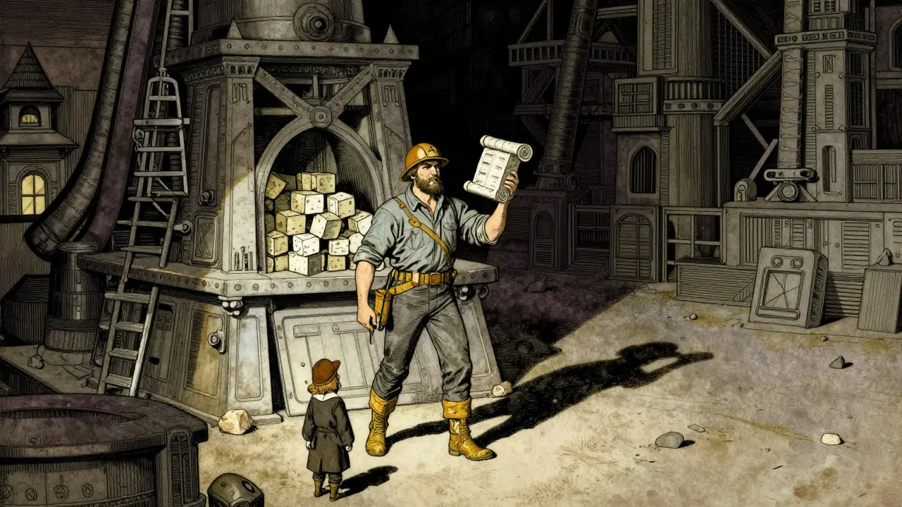 Powerful miner holding pre-mined block looming over small merchant