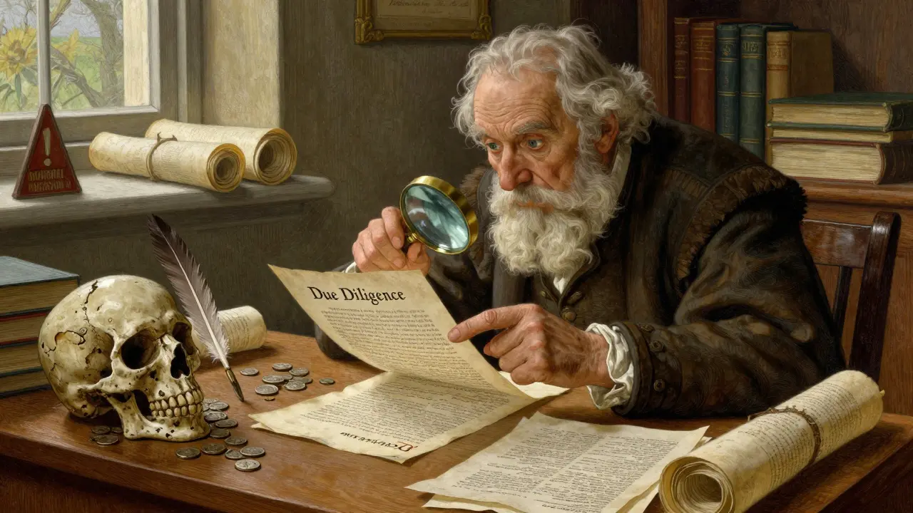 Scholar inspecting documents with a magnifying glass to spot crypto investment red flags.