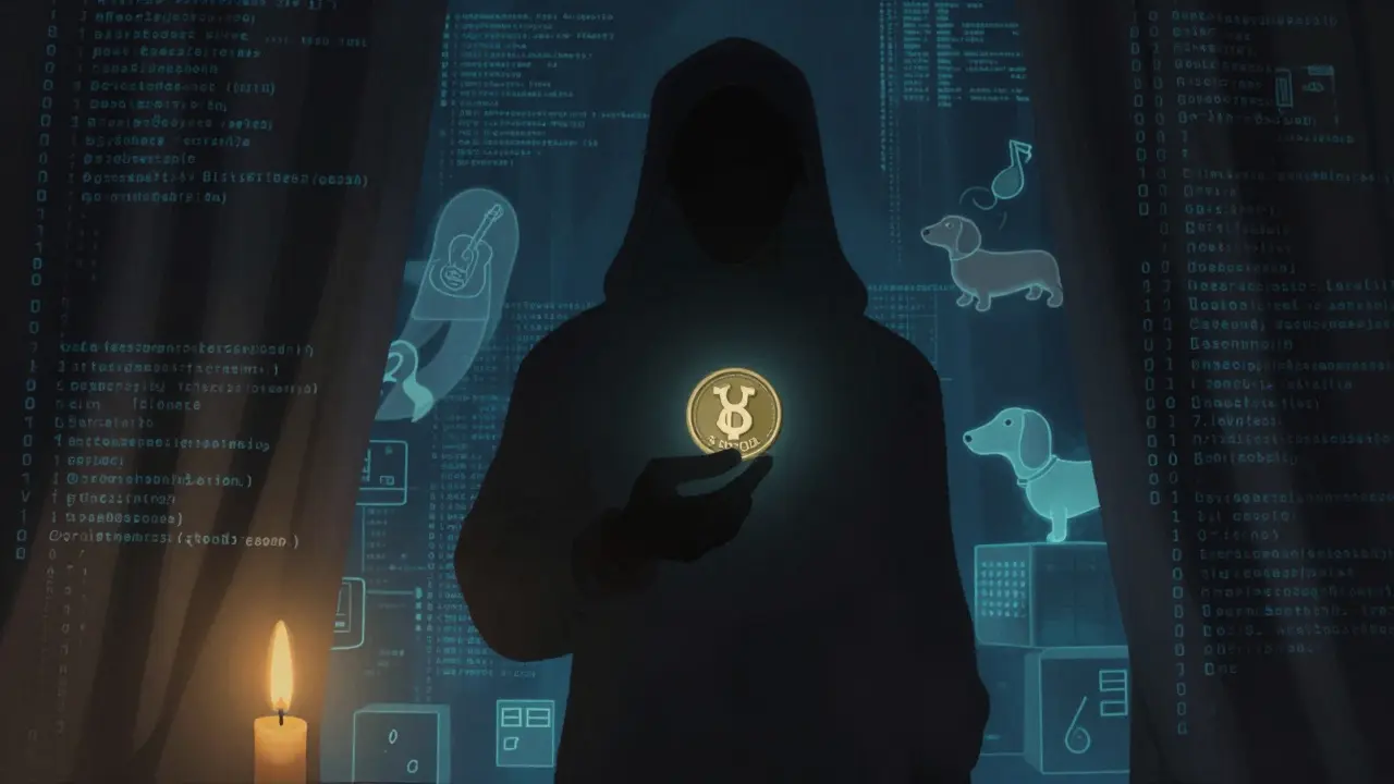 Shadowy anonymous figure holding a crypto token amidst digital code