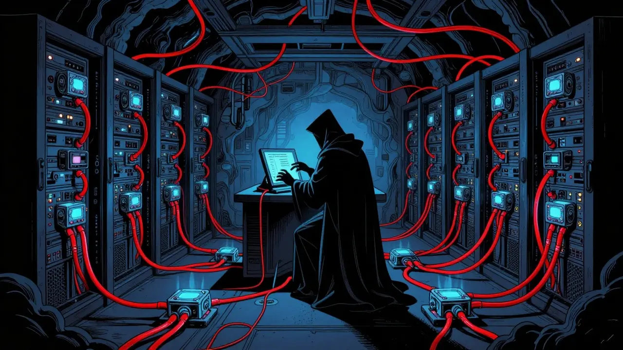 Shadowy figure controlling many identical robot nodes