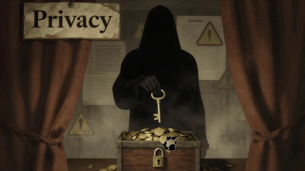Shadowy figure holding keys to a chest, symbolizing privacy risks in crypto.