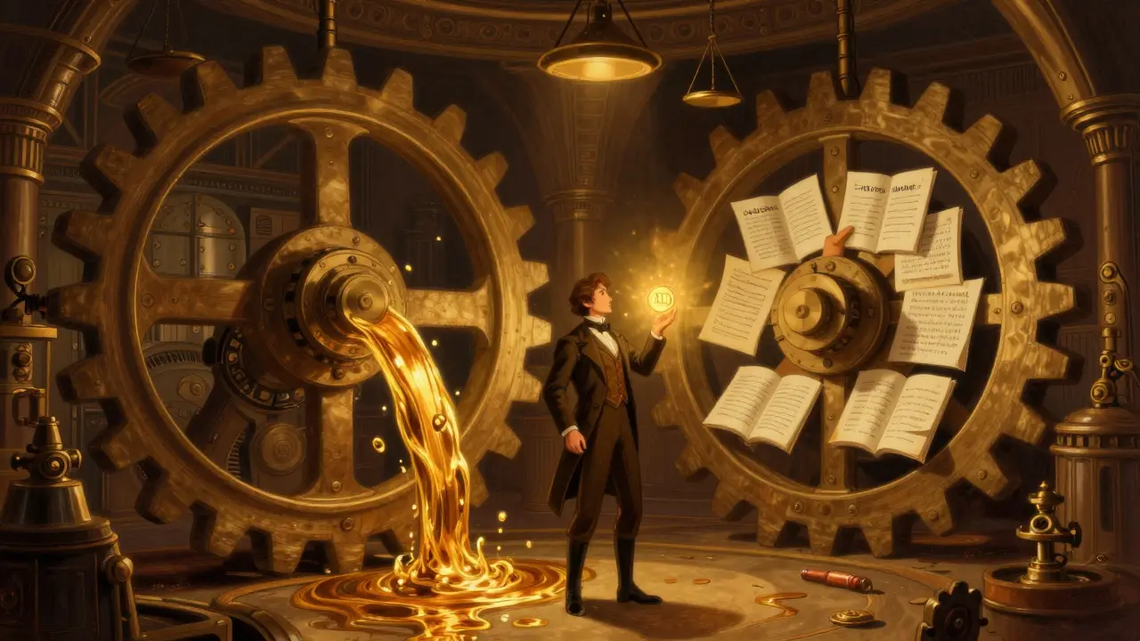 Steampunk gears illustrating hybrid AMM and order book trading mechanisms