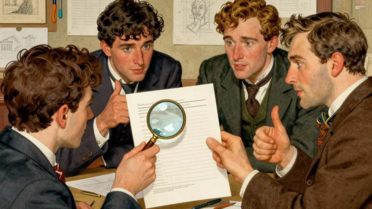 Team verifying clean metadata on a document, Howard Pyle illustration