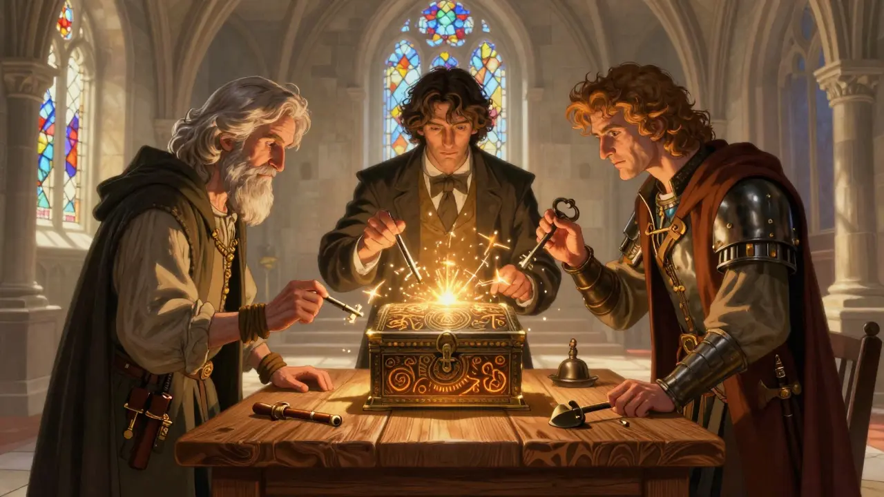 Three people using magic to process data inside a locked box.