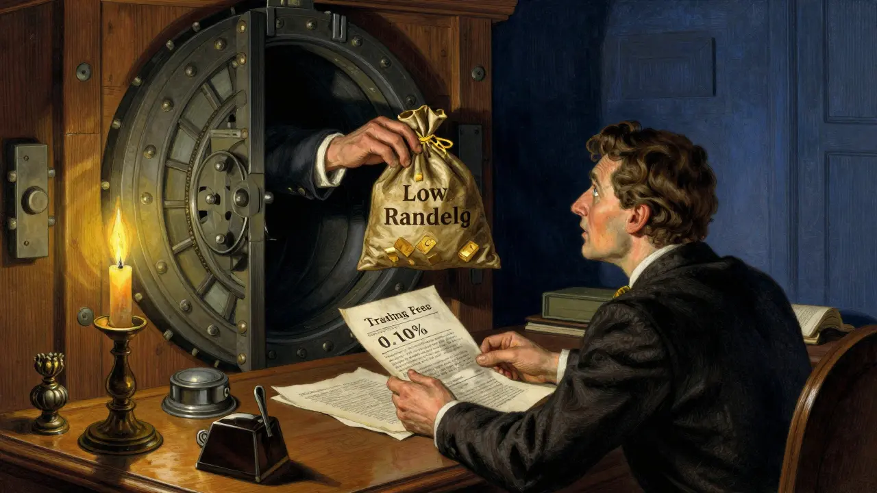 Trader tempted by low fees while shadow steals gold, illustrating hidden costs, Howard Pyle style