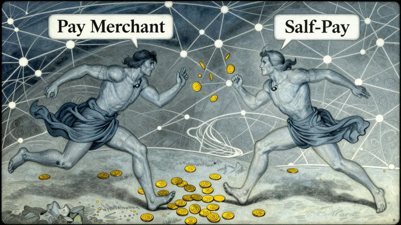 Two figures racing across abstract network landscape with conflicting transactions