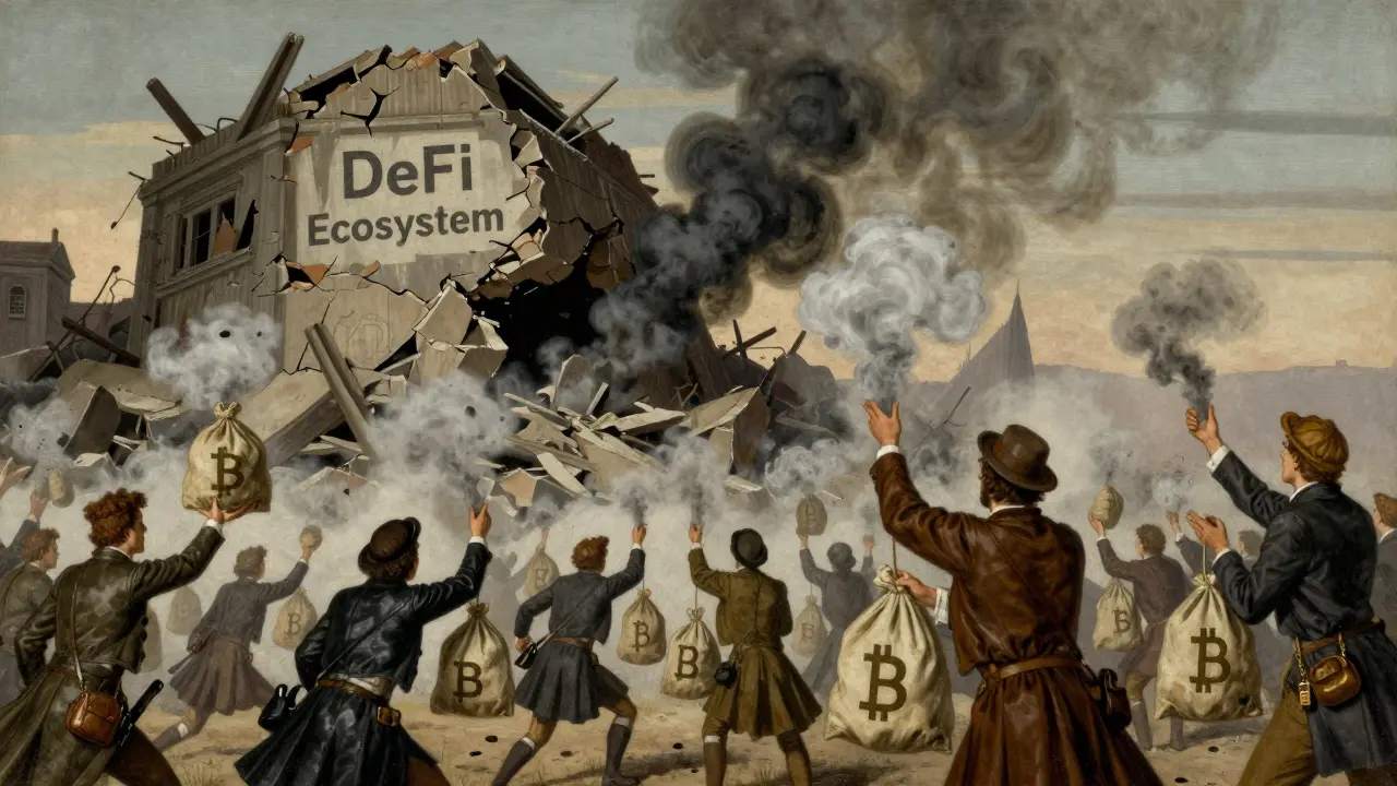 Victory-style art showing investors losing money as a DeFi building crumbles around them.