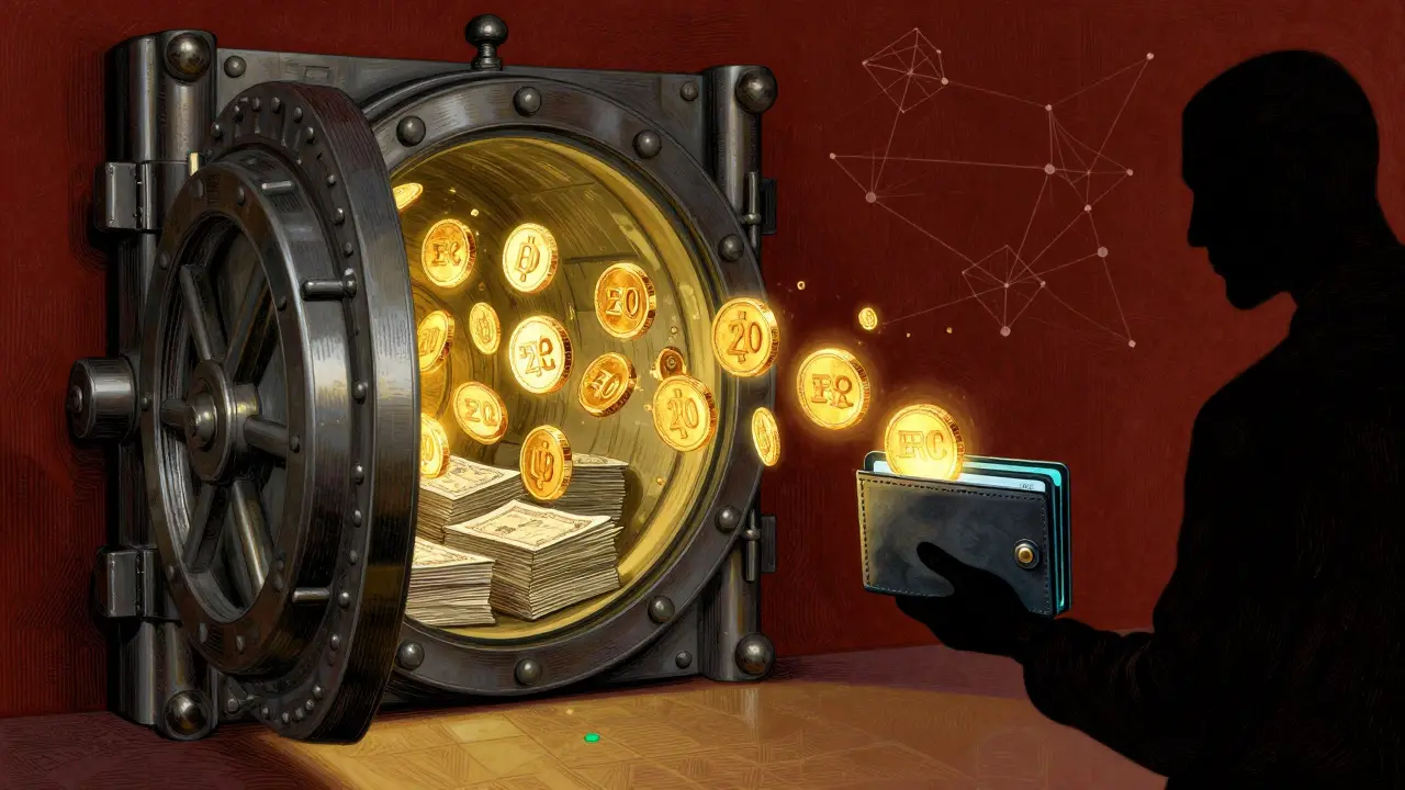 Vintage-style art showing physical stocks transforming into digital tokens in a vault