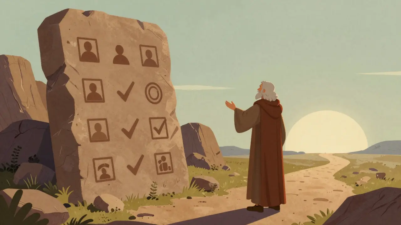 Wise guide pointing to a path marked with task symbols in an ancient setting