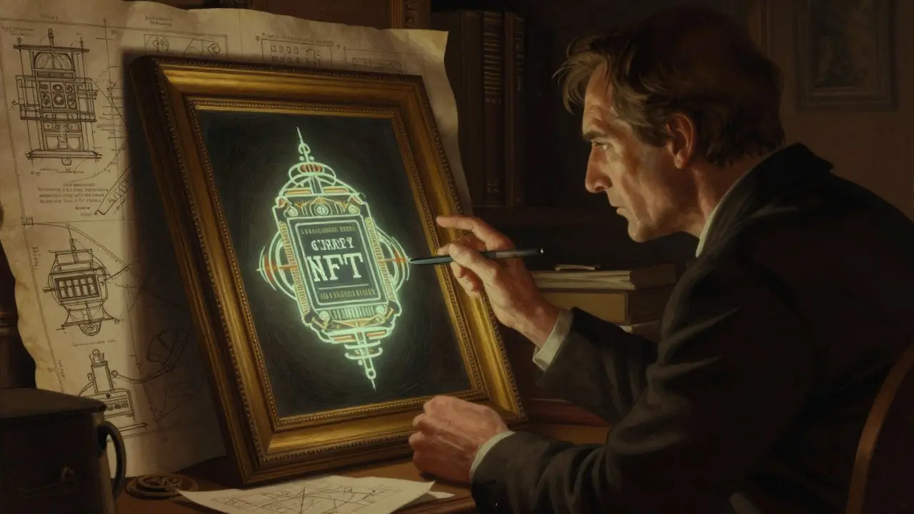 A collector examines a rare glowing digital artifact in a study, representing NFT ownership and scarcity.