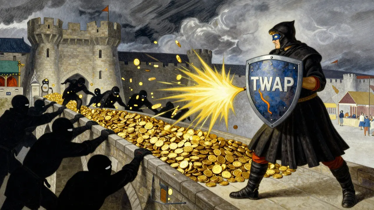 A guardian defending a bridge from masked attackers manipulating gold flows, depicting oracle security risks.