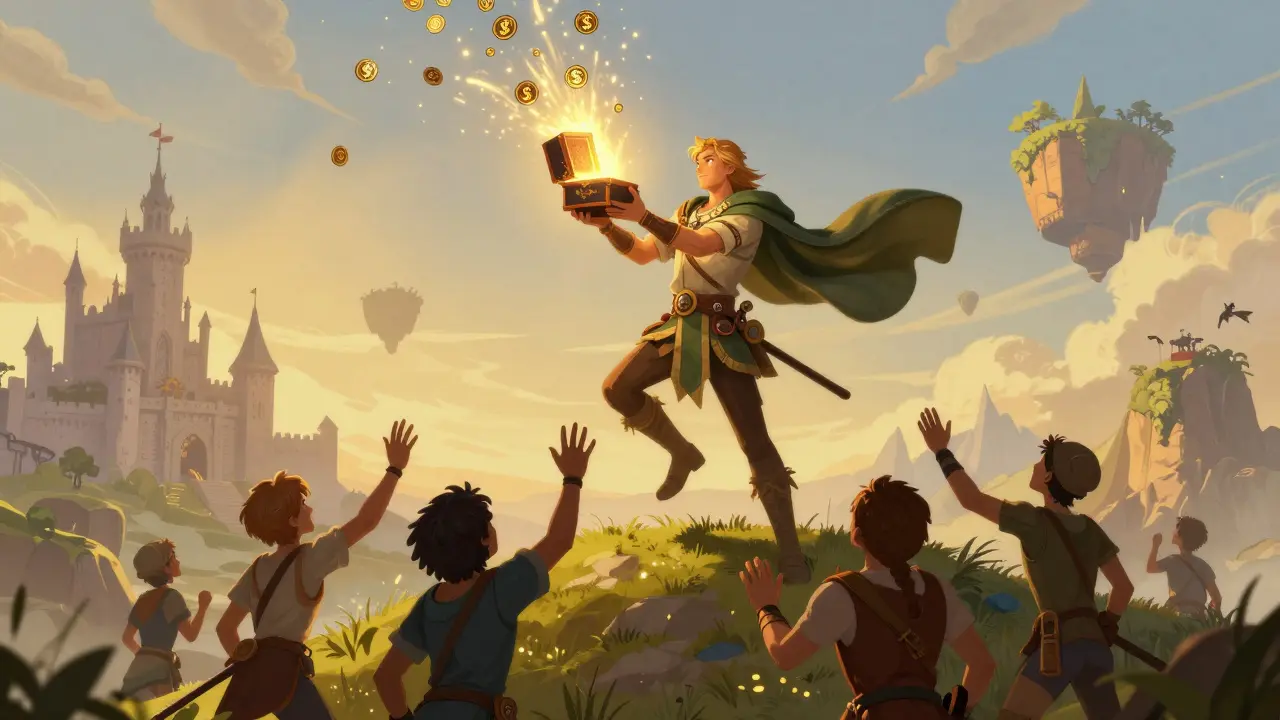 A hero opening a glowing treasure box releasing golden tokens on a hilltop, with cheering crowds below.