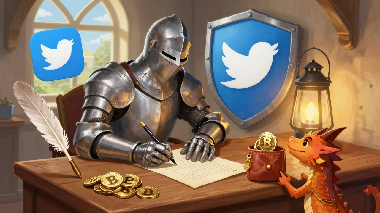 A knight completing a quest checklist with a dragon assistant, surrounded by social media symbols.