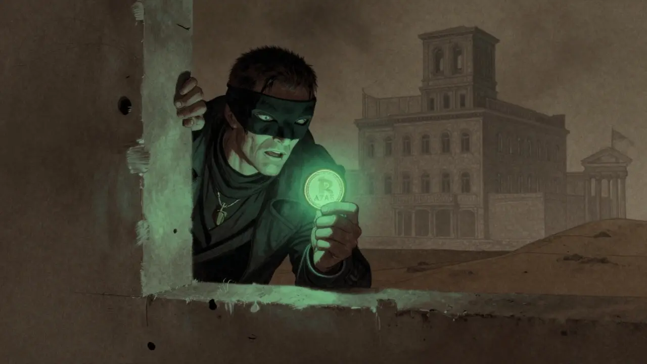 A masked figure creates a new exchange platform while holding a glowing green token.