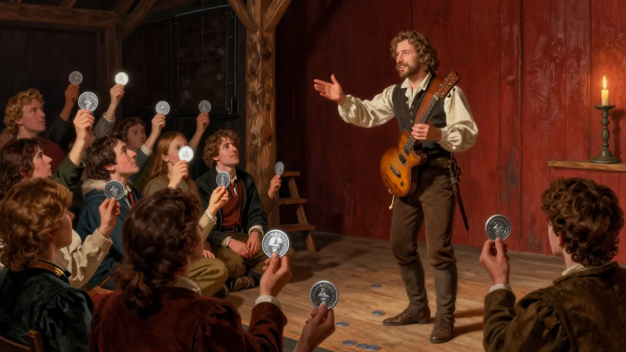 A musician on stage connecting with fans holding silver tokens, illustrating social token community access.