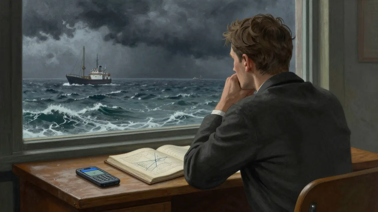 A trader contemplates charts at a desk, with a stormy sea outside symbolizing regulatory uncertainty.