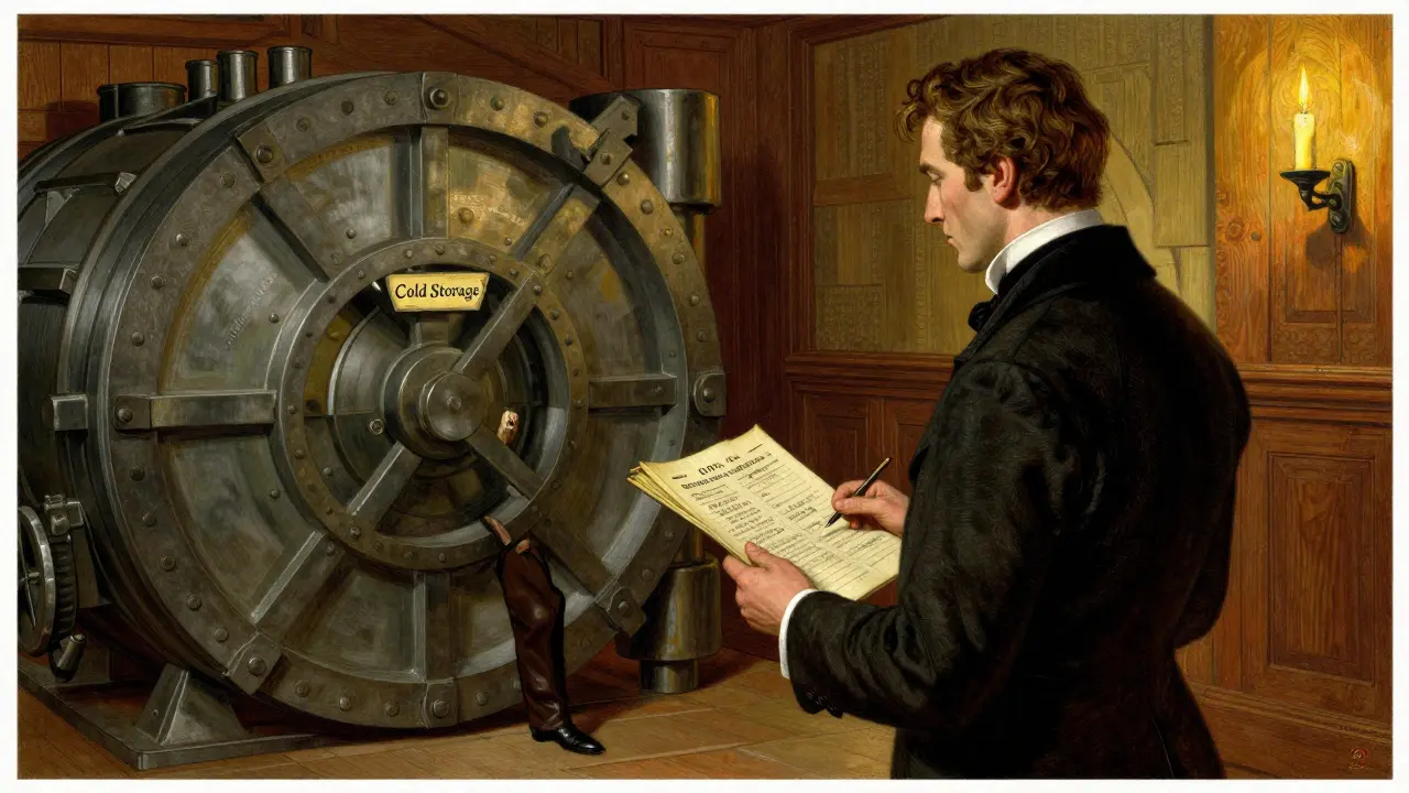 A trader negotiates fees with a vault keeper guarding cold storage, highlighting security concerns.