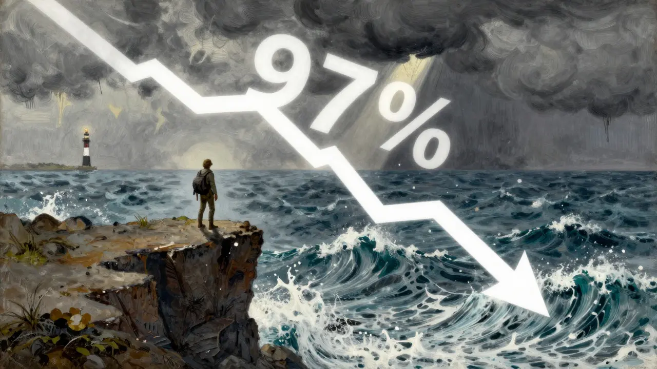 Adventurer on cliff edge overlooking stormy sea symbolizing JSM market volatility