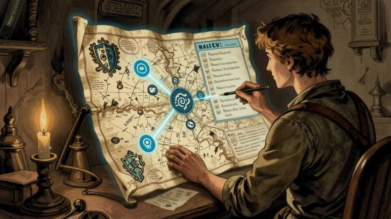 Adventurer studying a magical map with social media symbols and task lists