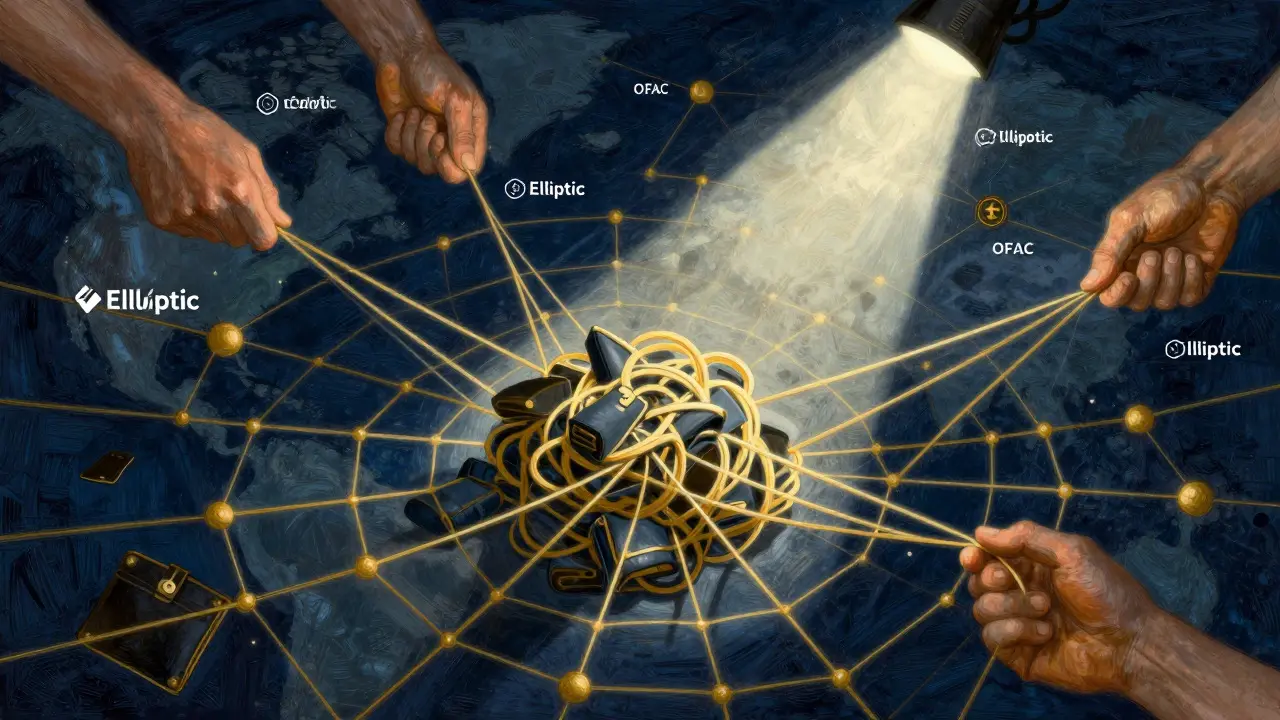 An intricate web of financial transactions is illuminated and traced by regulatory forces.