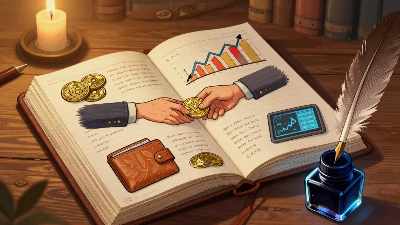 An open ledger with illustrated crypto transactions, lit by warm candlelight for compliance.