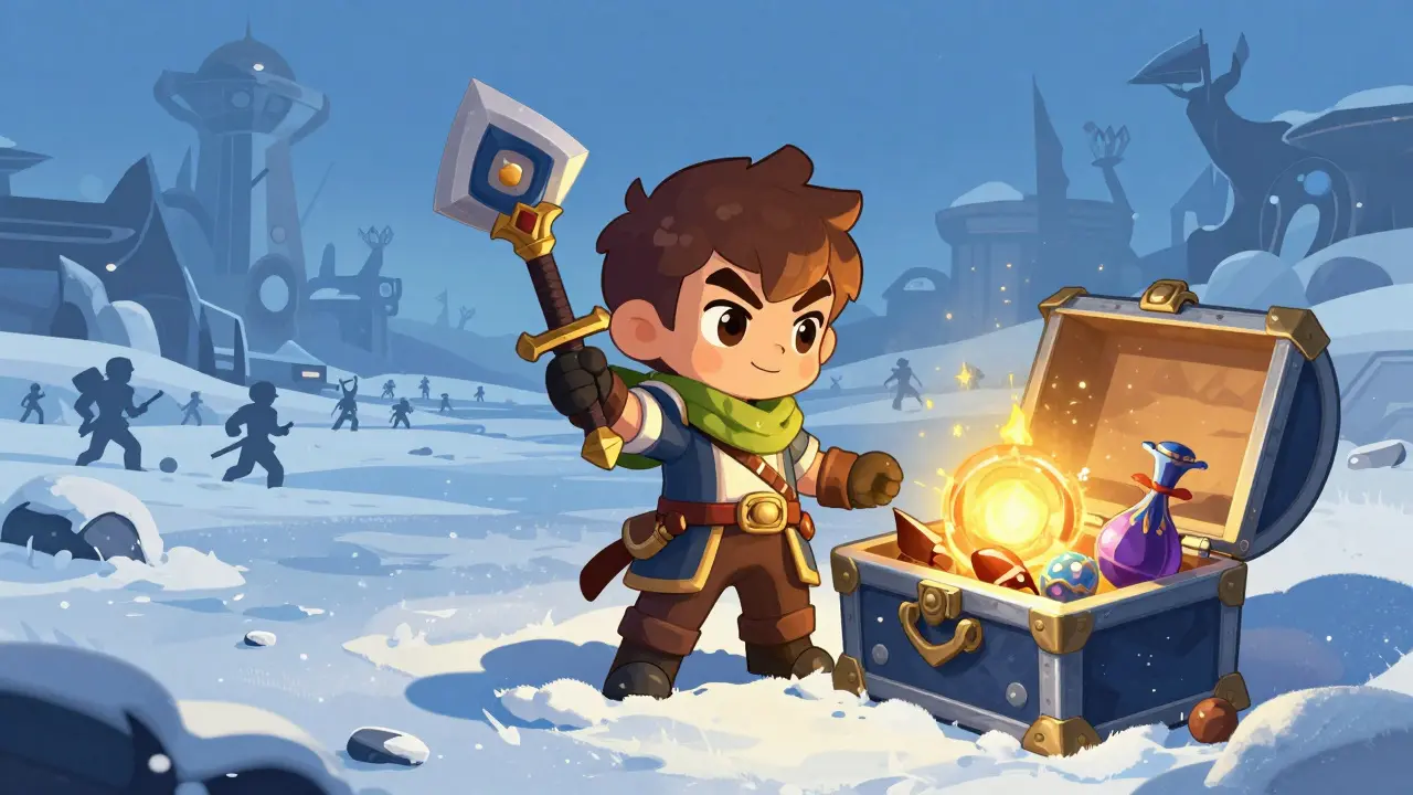 Chibi warrior with open silver chest in snow