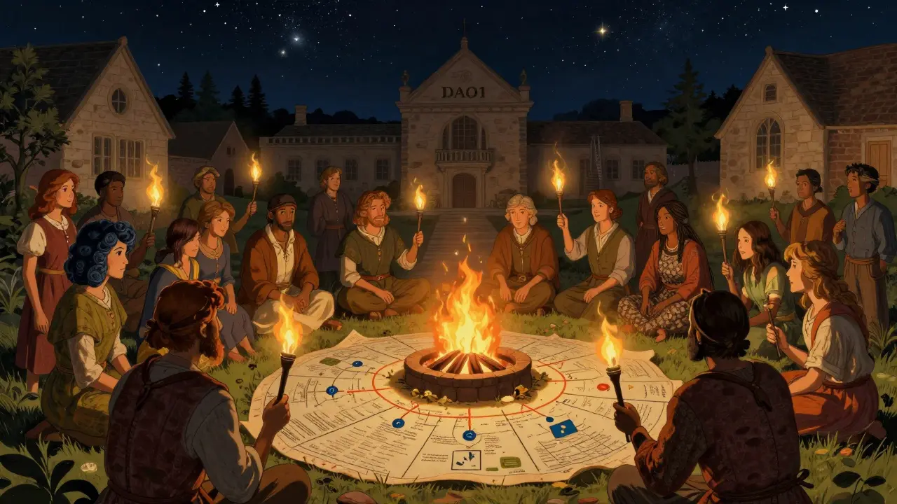 Community gathering around a fire for democratic voting in a historic setting.