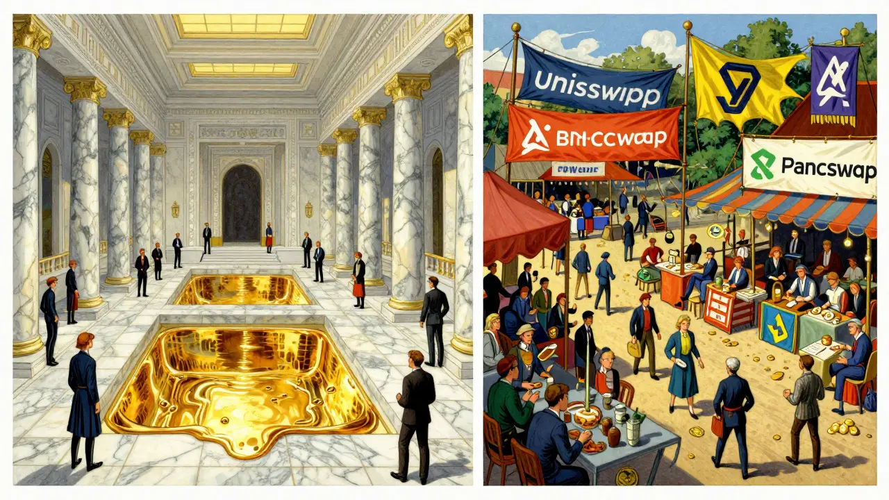 Comparison of a grand Uniswap hall and a bustling PancakeSwap marketplace