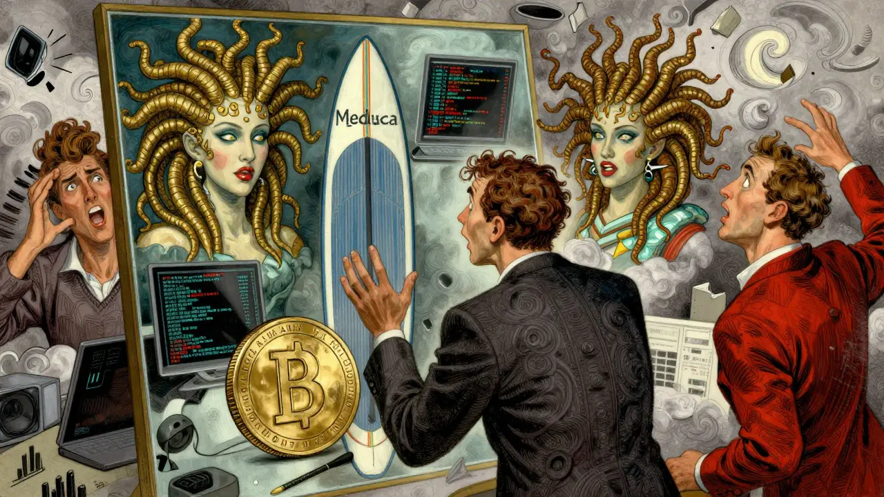 Confused investor seeing multiple Medusa entities in mirror, Howard Pyle style