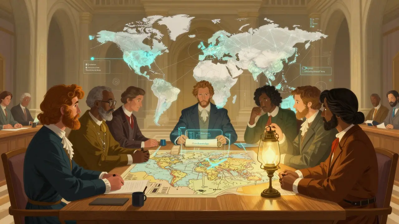 Council members examining a hybrid map of networks and scrolls, representing regulatory compliance.
