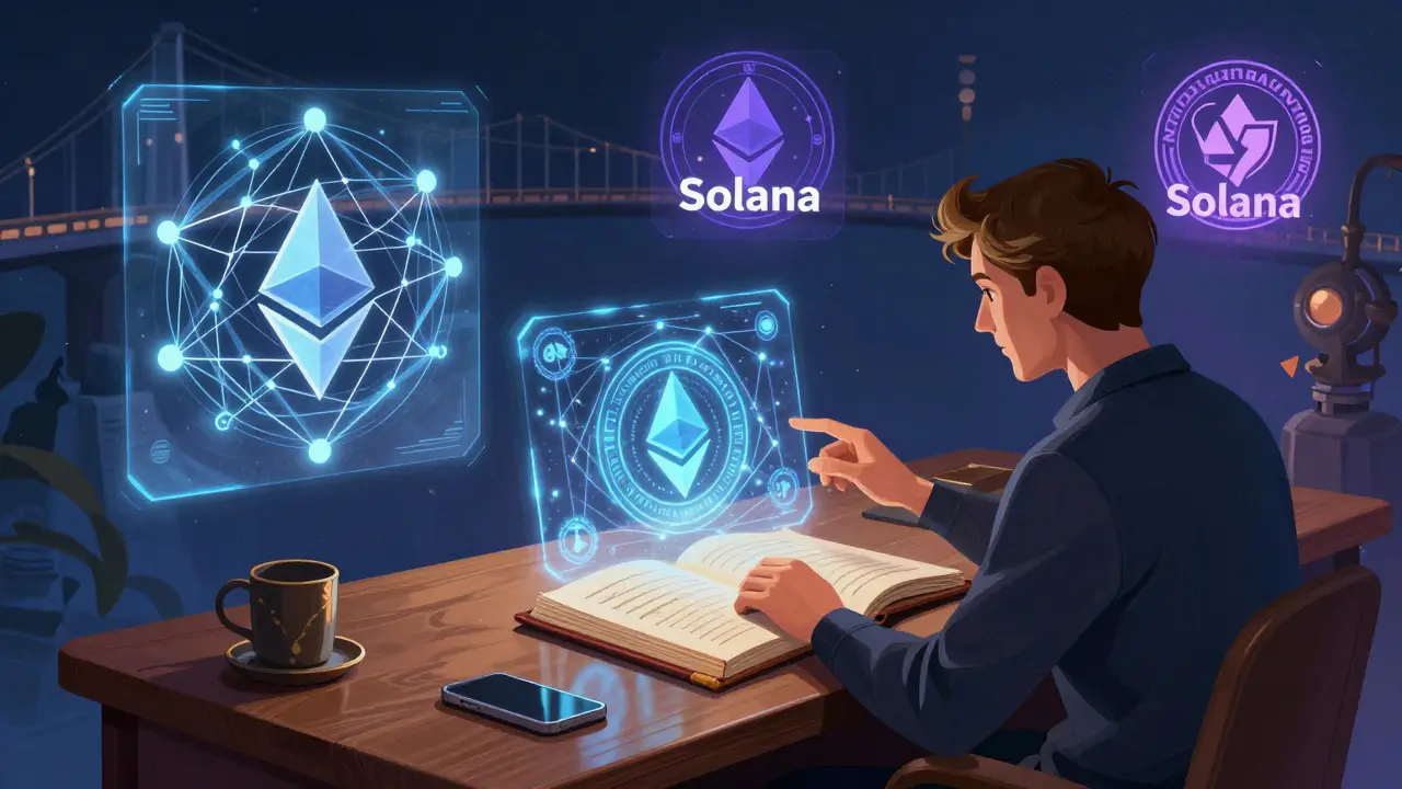 Creator managing digital assets amidst glowing blockchain visuals