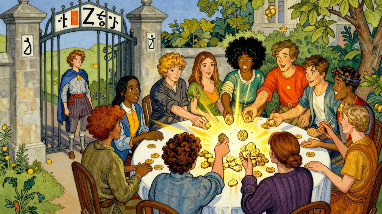 Creators and fans exchanging golden tokens around a table