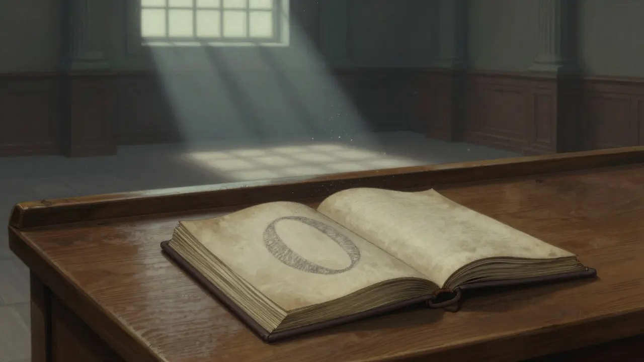 Empty trading desk with blank ledger and dust, Howard Pyle style